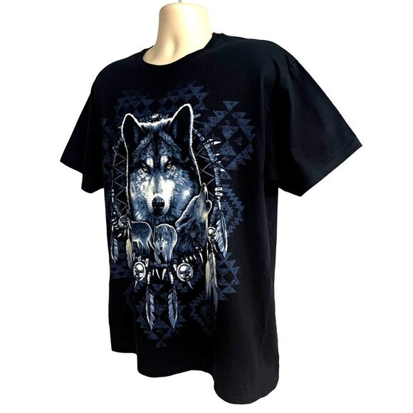 Wolf Native American Dream Catcher Wolves Men Black Graphic T-Shirt Large Cotton - Picture 2 of 6
